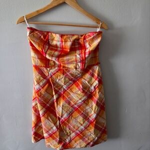 Plaid Strapless Dress in Red and Yellow